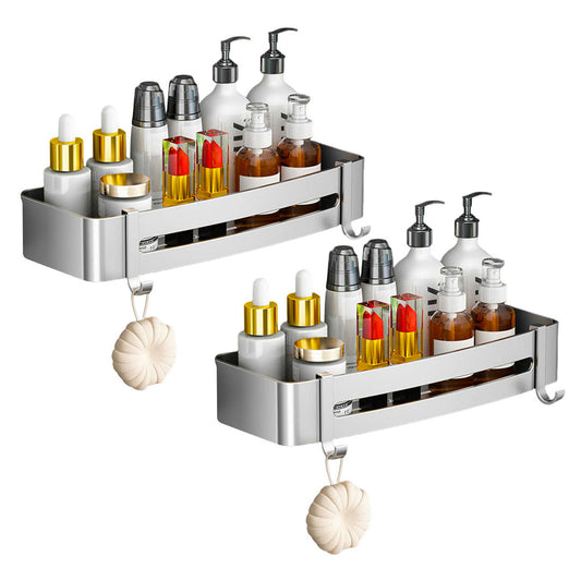 SOGA 2X Silver Wall-Mounted Rectangular Bathroom Storage Organiser Space Saving Adhesive Shelf Rack with Hooks $ 82.50