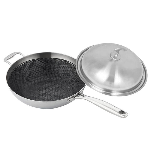 SOGA 18/10 Stainless Steel Fry Pan 34cm Frying Pan Top Grade Textured Non Stick Interior Skillet with Helper Handle and Lid $ 199.90