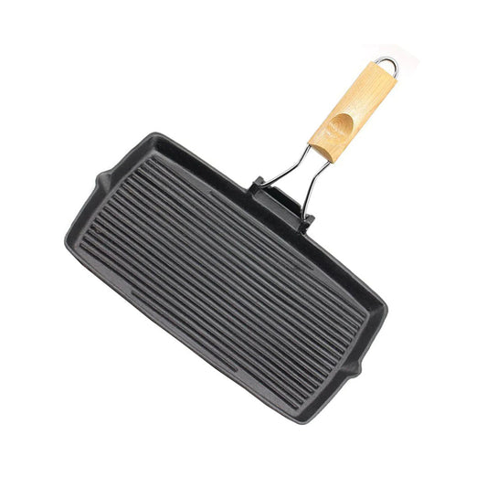 SOGA 20.5cm Rectangular Cast Iron Griddle Grill Frying Pan with Folding Wooden Handle $ 49.90