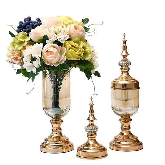 SOGA 2 x Clear Glass Flower Vase with Lid and White Flower Filler Vase Gold Set $ 177.90