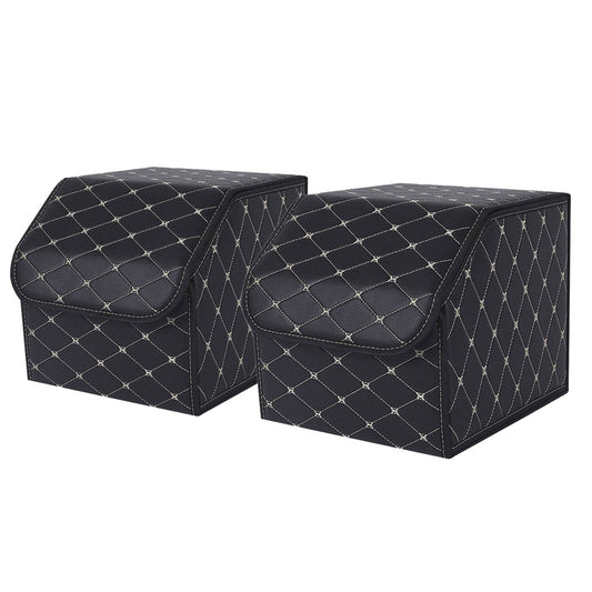 SOGA 2X Leather Car Boot Collapsible Foldable Trunk Cargo Organizer Portable Storage Box Black/Gold Stitch Small $ 75.50