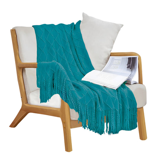 SOGA Teal Diamond Pattern Knitted Throw Blanket Warm Cozy Woven Cover Couch Bed Sofa Home Decor with Tassels $ 71.50
