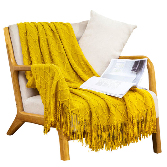 SOGA Yellow Diamond Pattern Knitted Throw Blanket Warm Cozy Woven Cover Couch Bed Sofa Home Decor with Tassels $ 83.50
