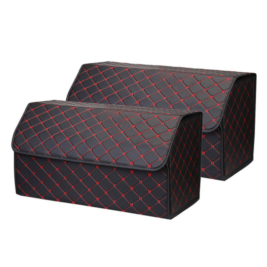 SOGA 2X Leather Car Boot Collapsible Foldable Trunk Cargo Organizer Portable Storage Box Black/Red Stitch Large $ 92.90