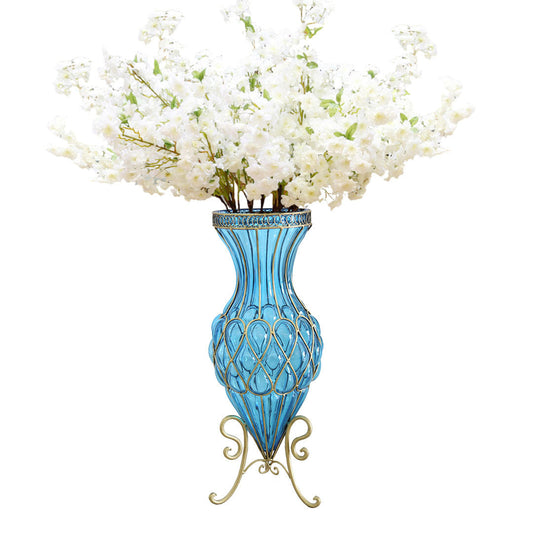 SOGA 67cm Blue Glass Tall Floor Vase with 10pcs White Artificial Fake Flower Set $ 488.90