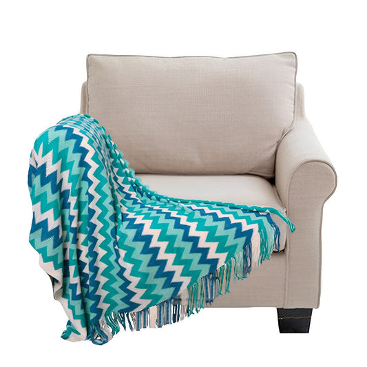 SOGA 220cm Blue Zigzag Striped Throw Blanket Acrylic Wave Knitted Fringed Woven Cover Couch Bed Sofa Home Decor $ 88.90