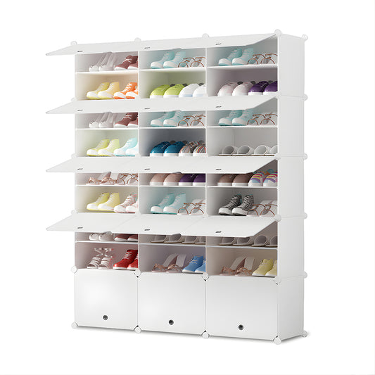 SOGA 9 Tier 3 Column White Shoe Rack Organizer Sneaker Footwear Storage Stackable Stand Cabinet Portable Wardrobe with Cover