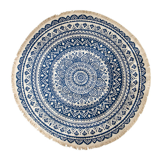 SOGA Dark Blue Carpet Soft Linen Bohemian Non-Slip Floor Retro Minimalist Round Rug Home Decor with Tassels $ 55.50