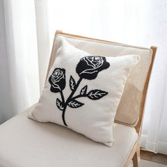 SOGA 45cm White Black Single Rose Embroidered Throw Pillow