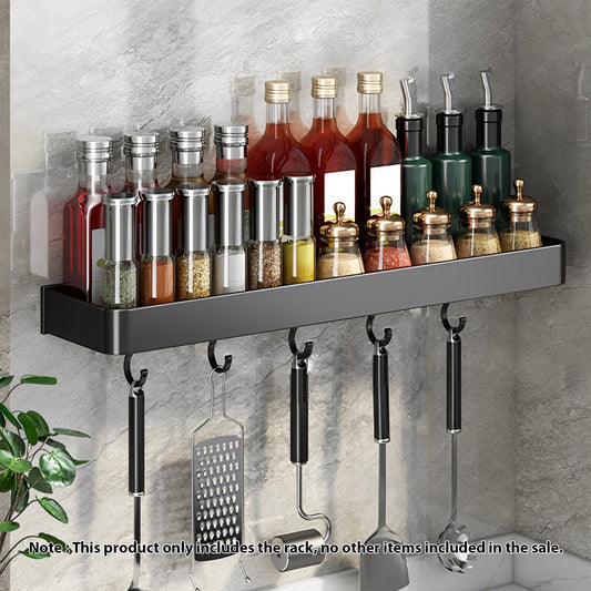 SOGA 32cm Black Wall-Mounted Rectangular Kitchen Spice Storage Organiser Space Saving Condiments Shelf Rack with Hooks