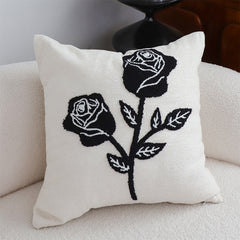 SOGA 45cm White Black Rose Floral Embroidered Throw Pillow