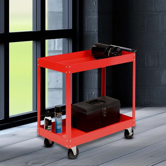 SOGA 2X 2 Tier Tool Storage Cart Portable Service Utility Heavy Duty Mobile Trolley Red