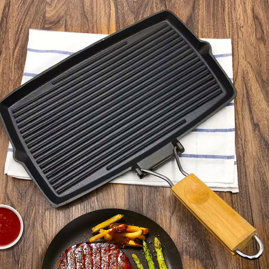 SOGA 20.5cm Rectangular Cast Iron Griddle Grill Frying Pan with Folding Wooden Handle
