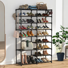 SOGA 16-Shelf Tier Shoe Storage Shelf Space-Saving Caddy Rack Organiser with Side Hooks Black