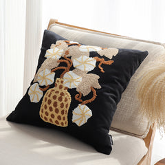 SOGA 45cm Black Gold Wicker Basket Floral Embroidered Throw Pillow