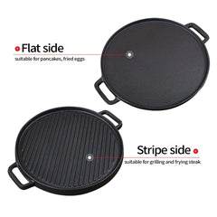 SOGA 30cm Round Cast Iron Ribbed BBQ Pan Skillet Steak Sizzle Platter with Handle