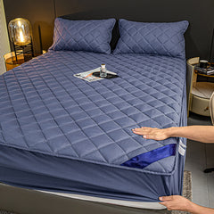 SOGA Blue 153cm Wide Cross-Hatch Mattress Cover Thick Quilted Stretchable Bed Spread Sheet Protector with Pillow Covers