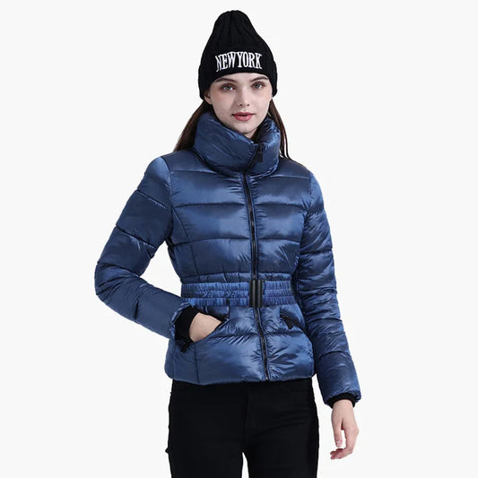 Anychic Womens Padded Puffer Jacket Medium Navy Blue Coat With Hood Outdoor Warm Lightweight Outwear With Storage Bag
