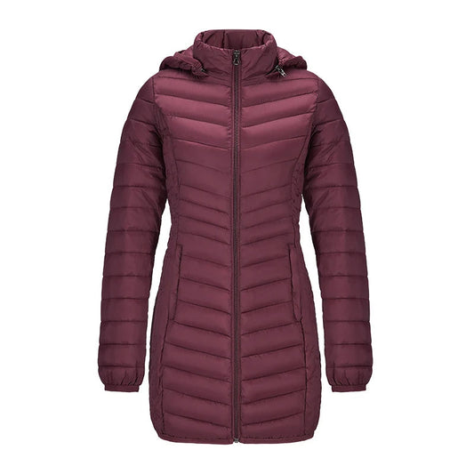 Anychic Womens Padded Puffer Jacket Small Burgandy Ultralightweight Long Parka With Detachable Hood Outdoor Warm Clothes