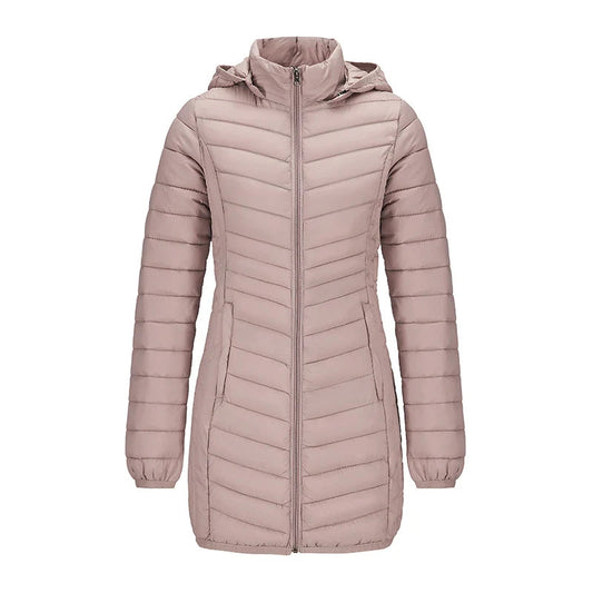Anychic Womens Padded Puffer Jacket Xtra Large Beige Ultralightweight Long Parka With Detachable Hood Outdoor Warm Clothes