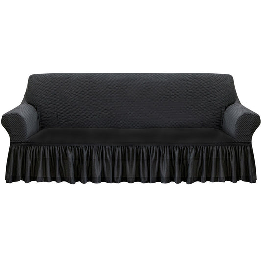 SOGA 3-Seater Dark Grey Sofa Cover with Ruffled Skirt Couch Protector High Stretch Lounge Slipcover Home Decor