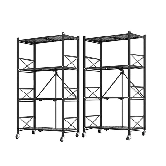 SOGA 2X 4 Tier Steel Black Foldable Display Stand Multi-Functional Shelves Portable Storage Organizer with Wheels