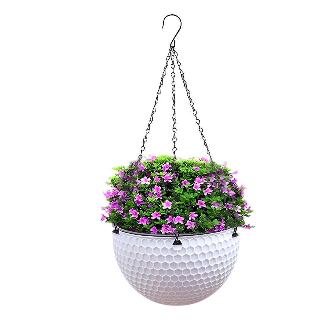 SOGA White Small Hanging Resin Flower Pot Self Watering Basket Planter Outdoor Garden Decor