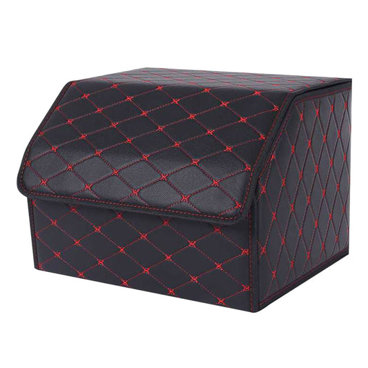 SOGA Leather Car Boot Collapsible Foldable Trunk Cargo Organizer Portable Storage Box Black/Red Stitch Medium