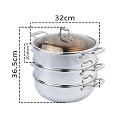 SOGA 3 Tier 32cm Heavy Duty Stainless Steel Food Steamer Vegetable Pot Stackable Pan Insert with Glass Lid