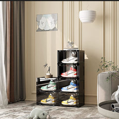 SOGA 3 Tier Black Portable Shoe Organiser Sneaker Footwear Folding Plastic Bin Stackable Storage Box with Magnetic