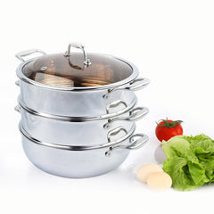 SOGA 3 Tier 28cm Heavy Duty Stainless Steel Food Steamer Vegetable Pot Stackable Pan Insert with Glass Lid