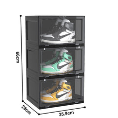SOGA 3 Tier Black Portable Shoe Organiser Sneaker Footwear Folding Plastic Bin Stackable Storage Box with Magnetic