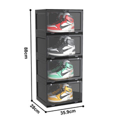 SOGA 2X 4 Tier Black Portable Shoe Organiser Sneaker Footwear Folding Plastic Bin Stackable Storage Box with Magnetic Door