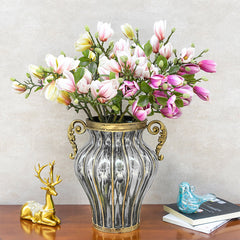 SOGA Clear Glass Flower Vase with 6 Bunch 4 Heads Artificial Fake Silk Magnolia denudata Home Decor Set