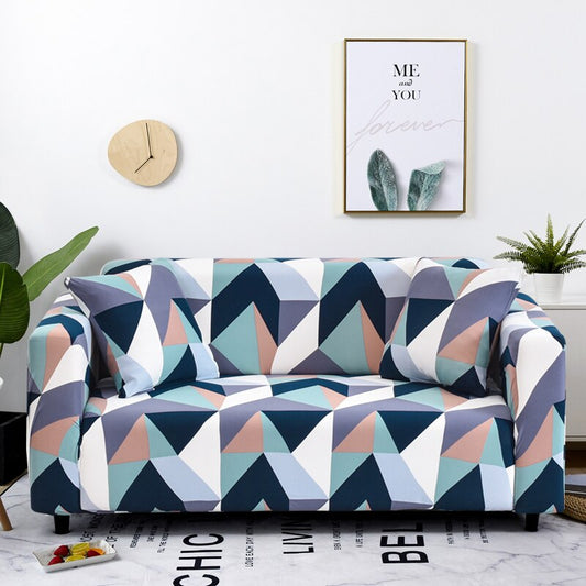 Anyhouz 2 Seater Sofa Cover Blue White Geometric Style and Protection For Living Room Sofa Chair Elastic Stretchable Slipcover