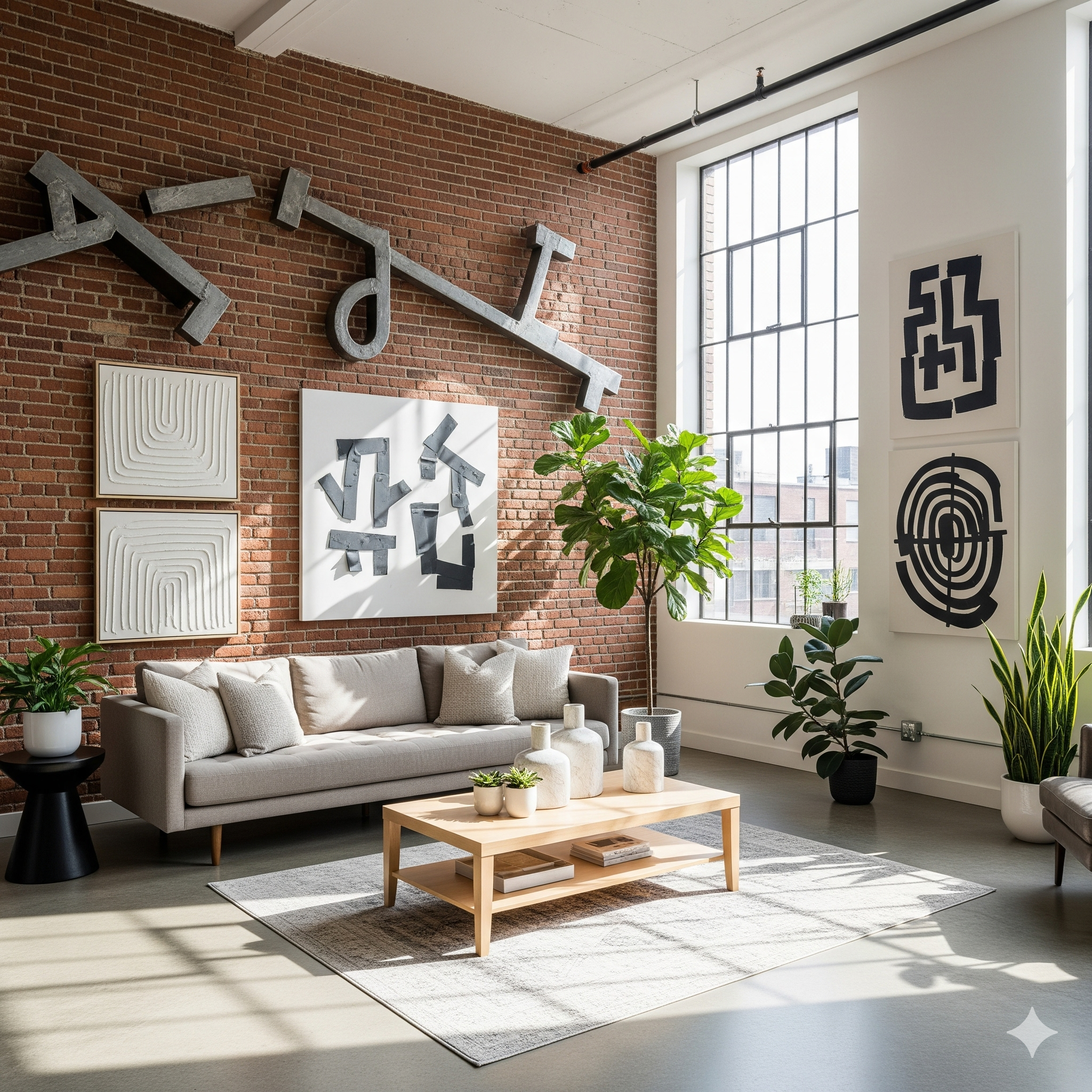 Bright industrial living room with urban wall art, metal sculptures, neutral sofa, wooden coffee table, and sunlight-filled windows.
