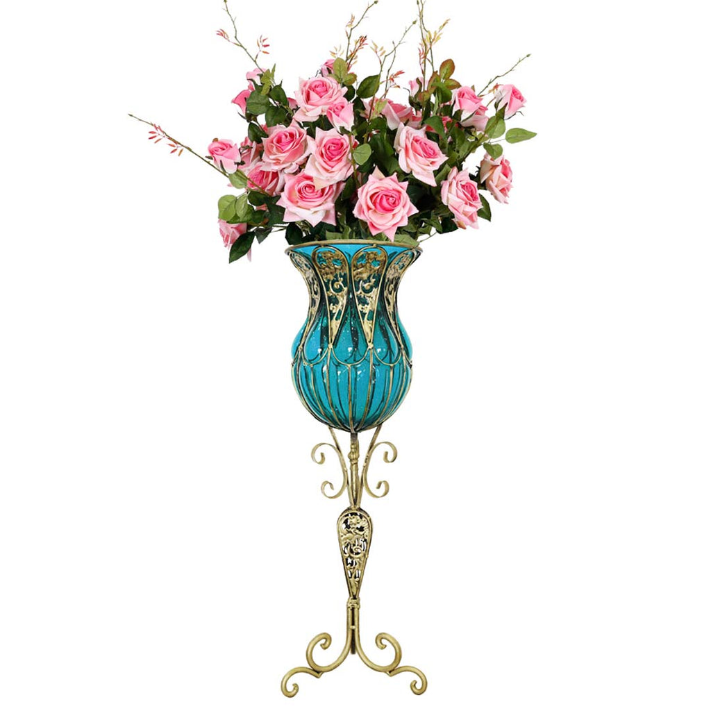 SOGA 85cm Blue Glass Tall Floor Vase and 12pcs Pink Artificial Fake Flower Set $ 511.50