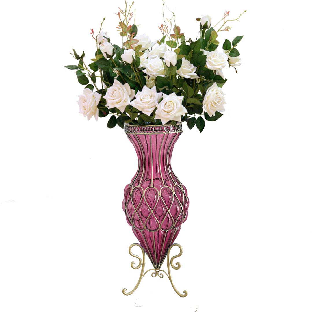 SOGA 67cm Purple Glass Tall Floor Vase & 12pcs White Artificial Fake Flower Set $ 488.90