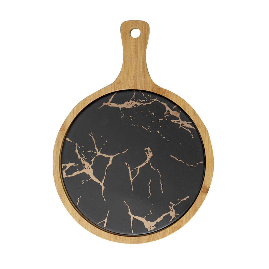 SOGA 30cm Black Circle Wooden Serving Tray Slate Steak Serving Platter Chopping Board Paddle Home Decor $ 55.50