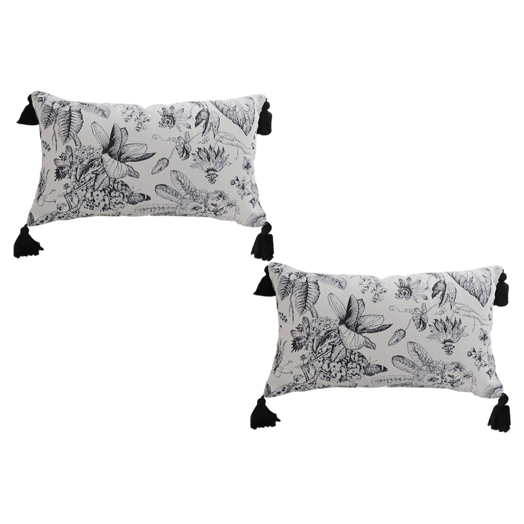 SOGA 2X 35cm Throw Pillow Black and White Floral Print Elegant with Tassel Accents Home Decor $ 112.50