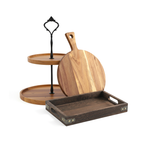 SOGA Kitchenware Bundle – Wooden Dessert Stand, Serving Tray & Premium Acacia Cutting Board