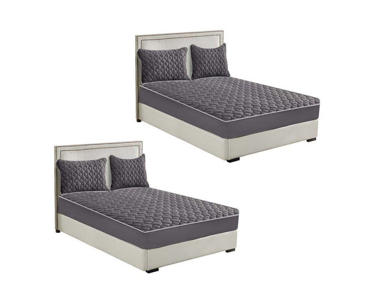 SOGA 2X Grey 153cm Wide Mattress Cover Thick Quilted Fleece Stretchable Clover Design Bed Spread Sheet Protector with Pillow Covers