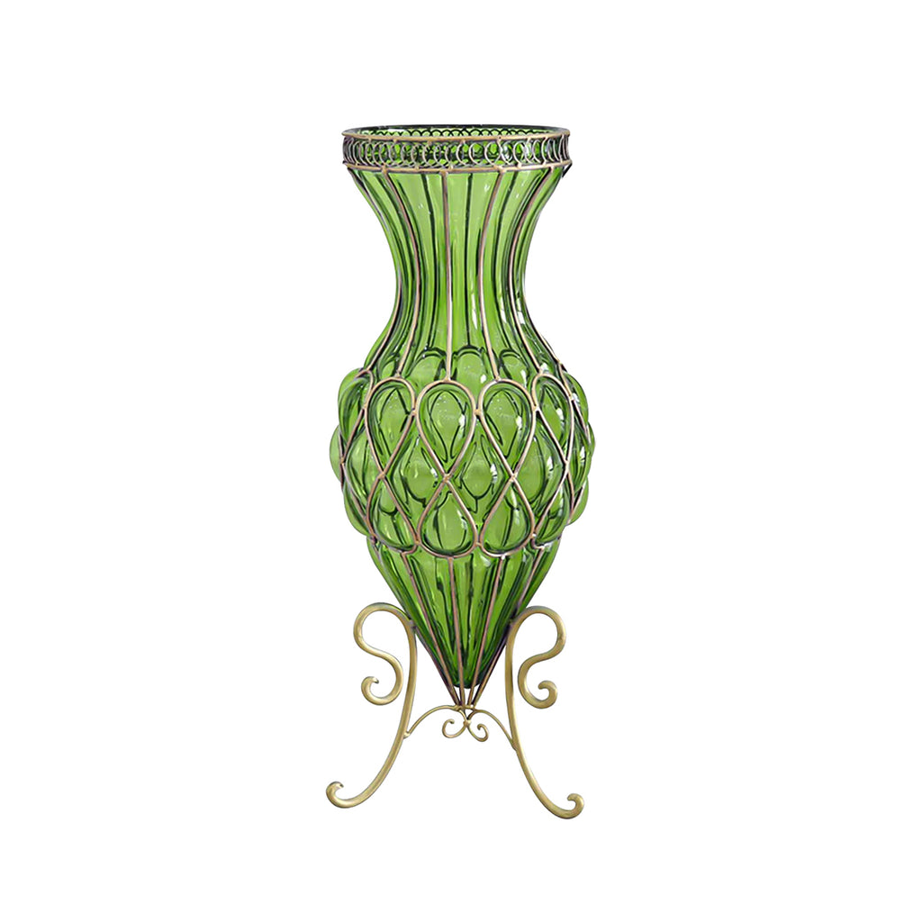 SOGA 67cm Green Glass Tall Floor Vase with Metal Flower Stand