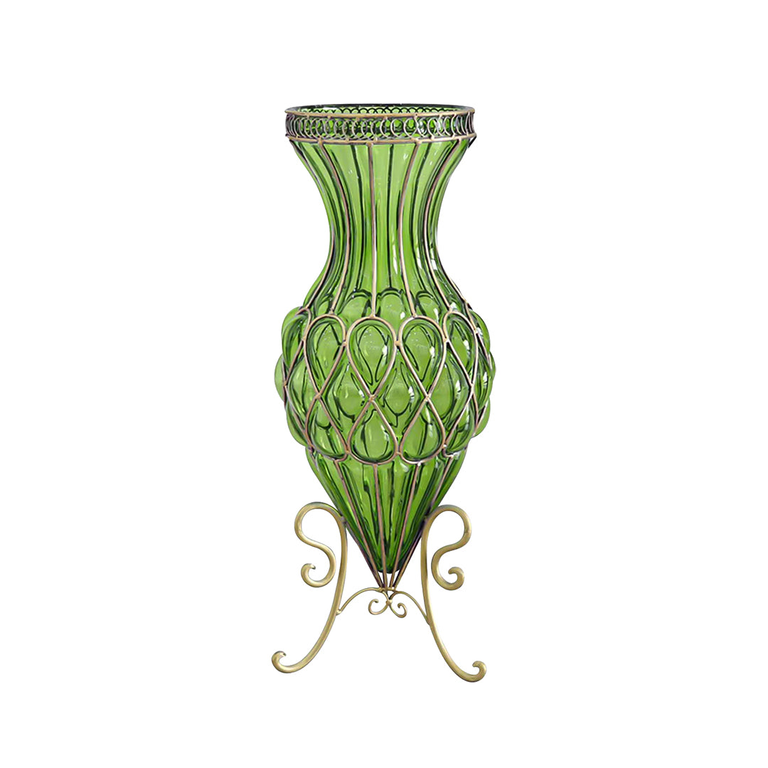 SOGA 67cm Green Glass Tall Floor Vase with Metal Flower Stand