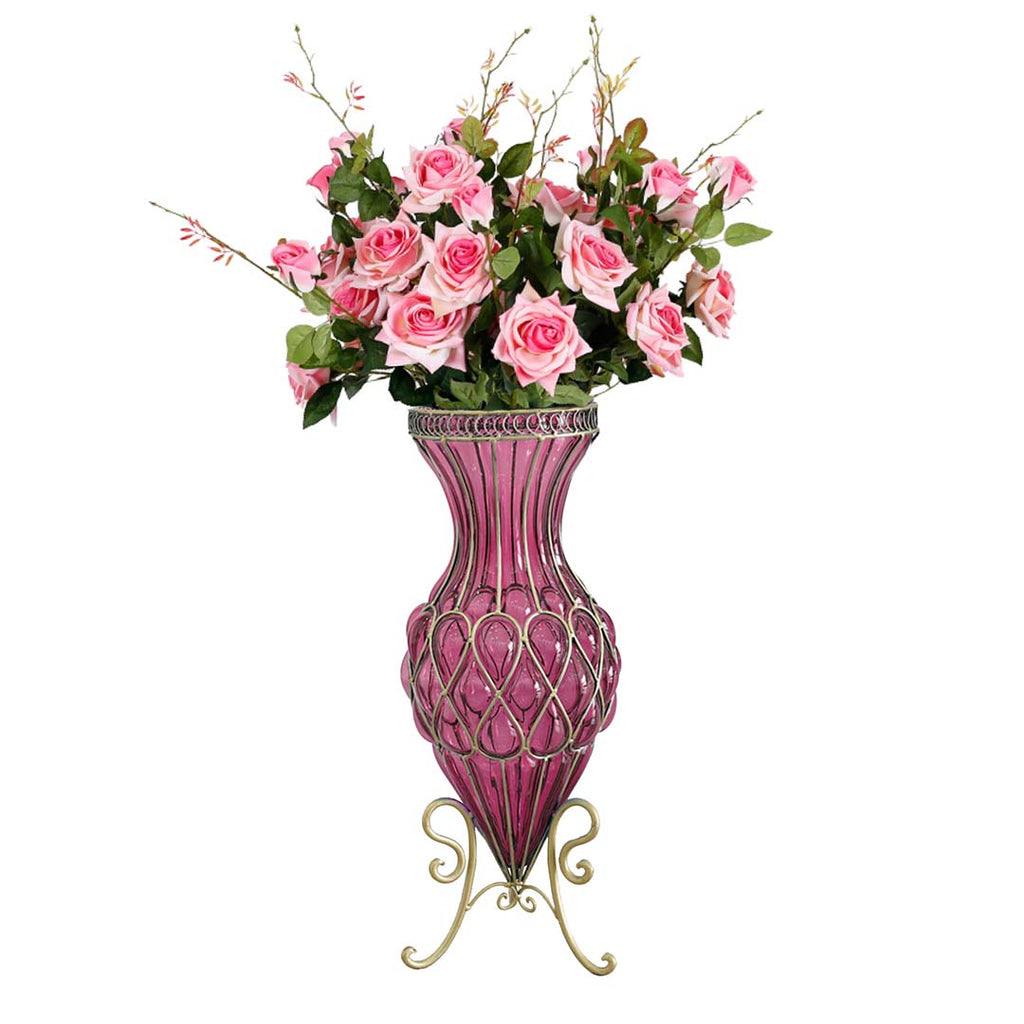 SOGA 67cm Purple Glass Tall Floor Vase and 12pcs Pink Artificial Fake Flower Set $ 488.90