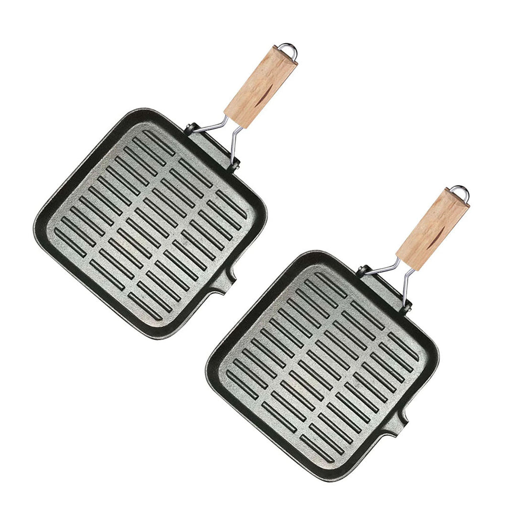 SOGA 2X 24cm Ribbed Cast Iron Square Steak Frying Grill Skillet Pan with Folding Wooden Handle $ 101.50