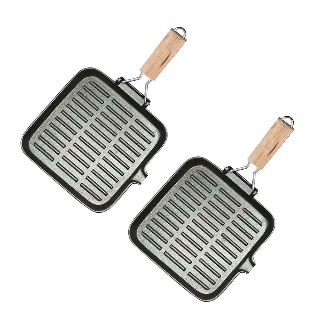SOGA 2X 24cm Ribbed Cast Iron Square Steak Frying Grill Skillet Pan with Folding Wooden Handle $ 101.50