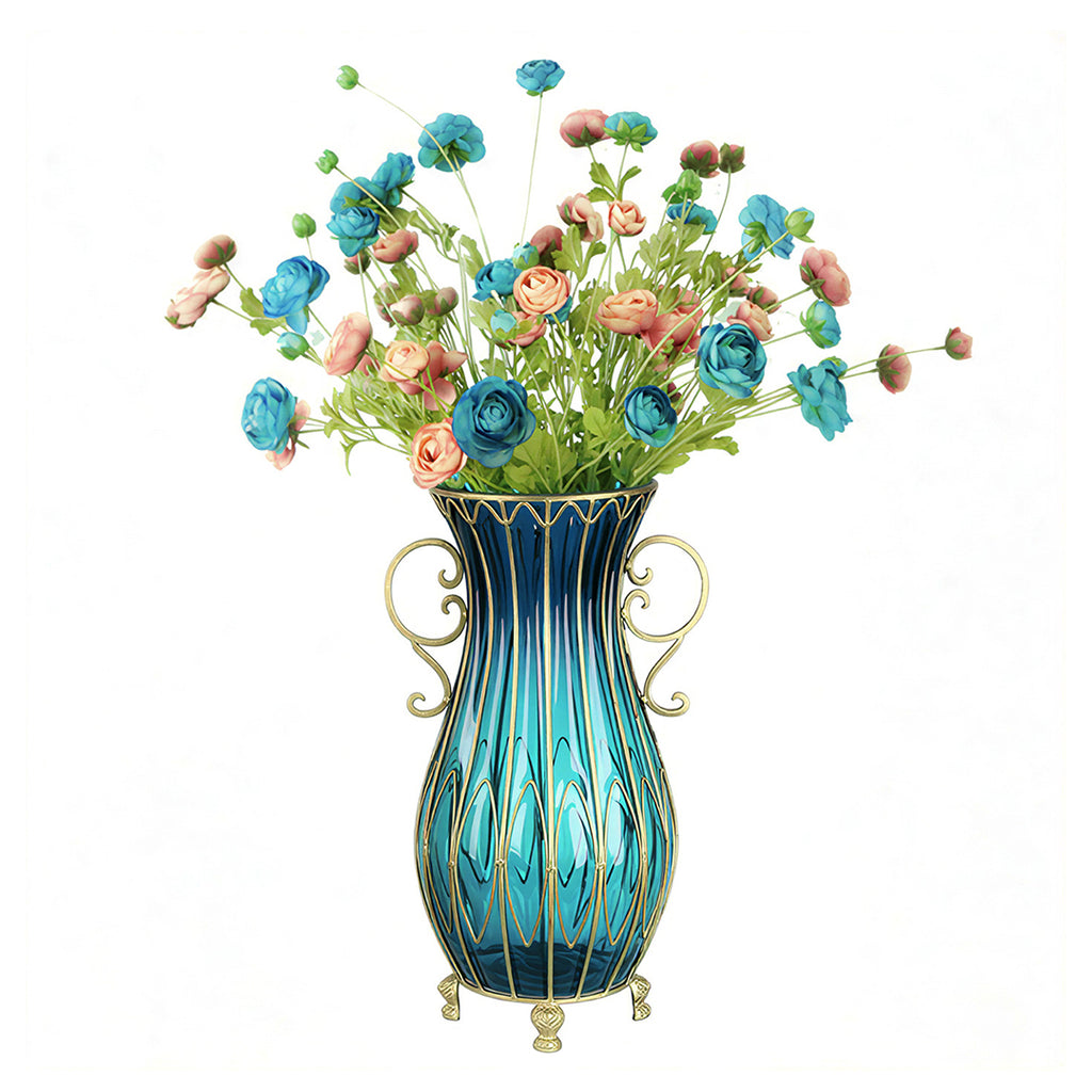 SOGA 51cm Blue Glass Tall Floor Vase with 12pcs Artificial Fake Flower Set