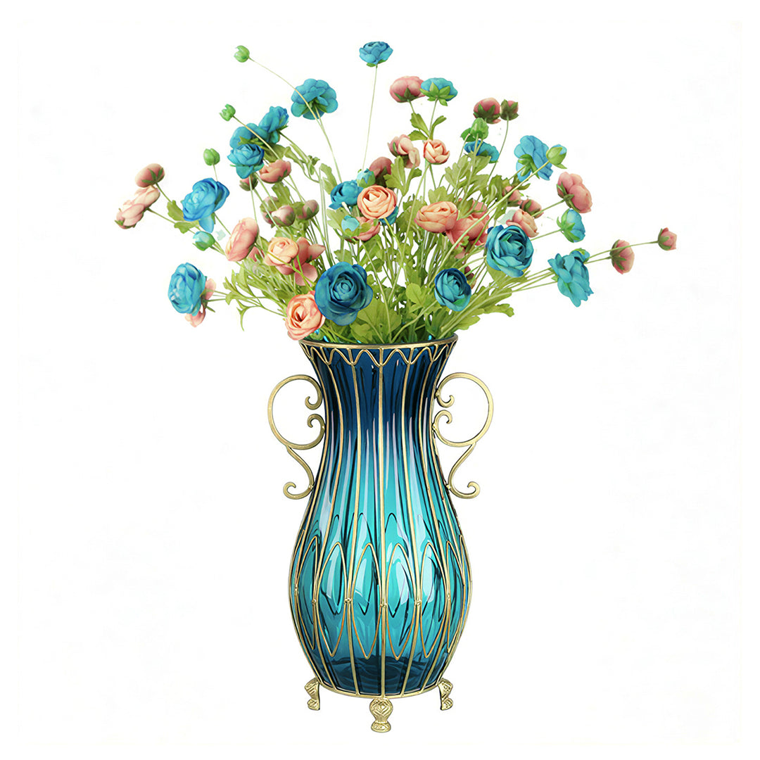 SOGA 51cm Blue Glass Tall Floor Vase with 12pcs Artificial Fake Flower Set