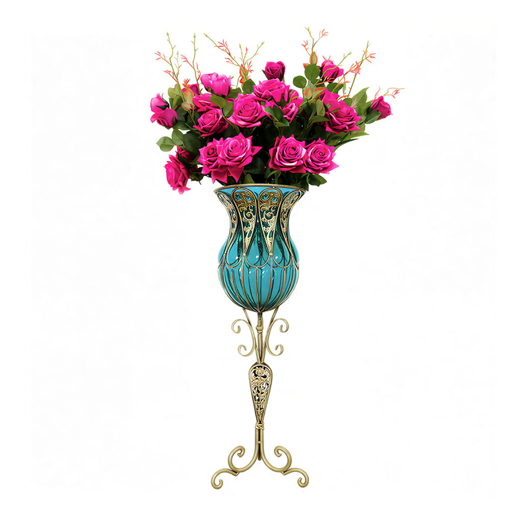 SOGA 85cm Blue Glass Tall Floor Vase and 12pcs Dark Pink Artificial Fake Flower Set